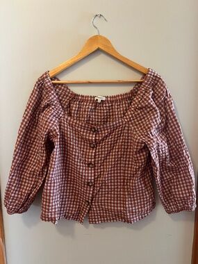 Madewell Rust and White Gingham Off-Shoulder Button Blouse